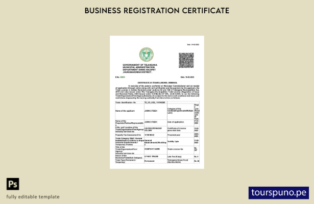 listo para imprimir Certificado de licencia comercial de India Telangana Plantil